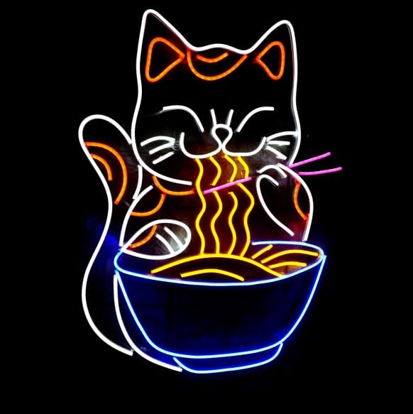 SG PRINT Cat Ramen Neon Sign Japanese Noodles LED LightAnime Lucky Cat Signage 3D Art Wall Decor For Restaurant Kitchen24x18 BlueWhiteRed  - Image 4