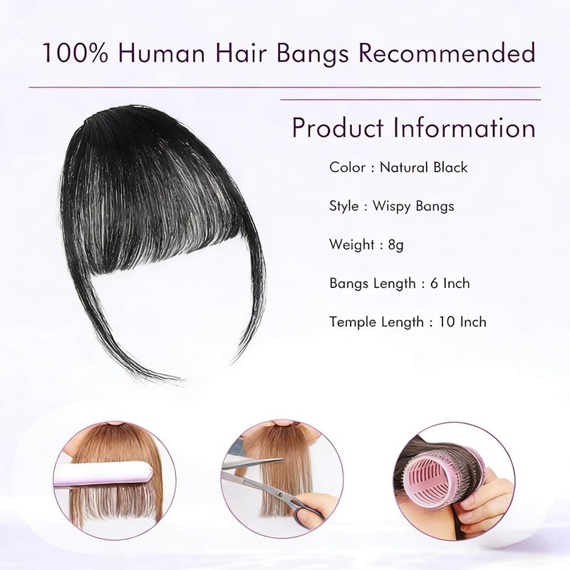 ELEFOCUS Clip in Bangs 100% Real Human Hair Extensions Wispy Natural Black Fake Bangs Hair Clip on bangs for women Fringe with Temples Hairpieces Faux Bangs for Daily Wear - Image 5