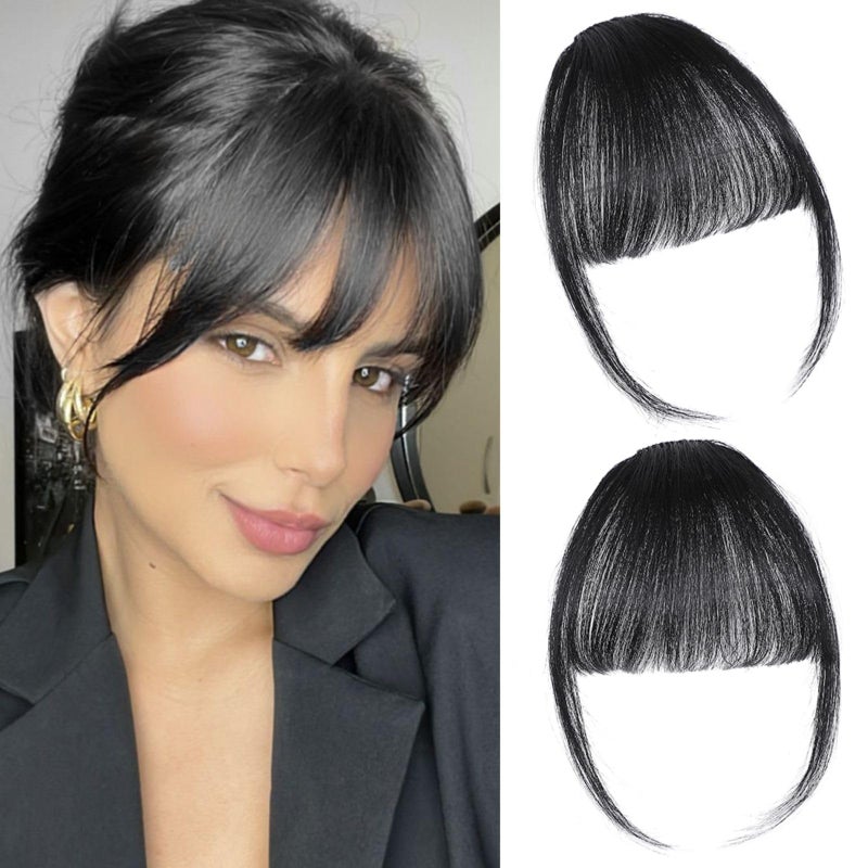 ELEFOCUS Clip in Bangs 100% Real Human Hair Extensions Wispy Natural Black Fake Bangs Hair Clip on bangs for women Fringe with Temples Hairpieces Faux Bangs for Daily Wear - Image 1