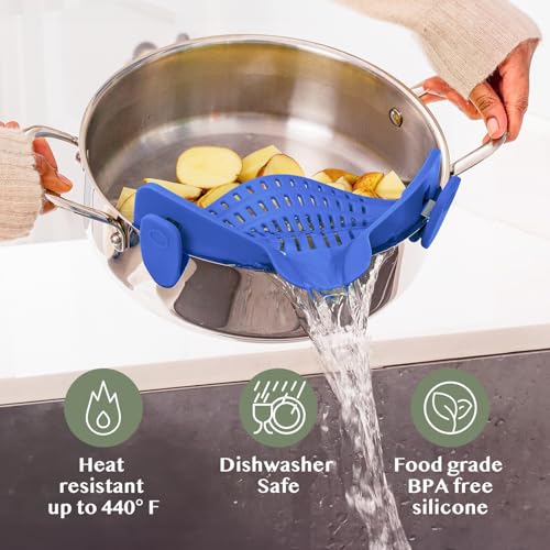 Kitchen Gizmo Snap N' Strain - Silicone Clip-On Strainer for Pots, Pans, and Bowls - Heat-Resistant Kitchen Gadgets, Essential Colander Drainer for Vegetables and Pasta - 7.87x2.76x4.53-Inch (Blue) - Image 5
