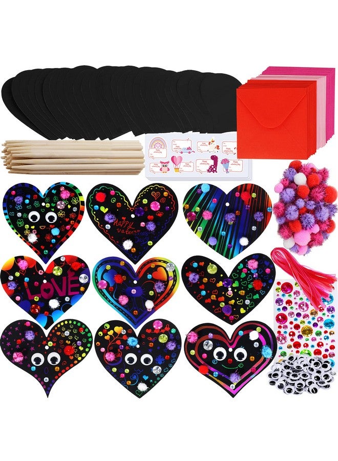 windiy 27 Sets Magic Color Scratch Paper Heart Ornaments Bookmarks Valentine Craft Kits Scratch Paper Heart Cutouts Pom-poms Googly Eyes for Kids Activity Art Project Valentine Party Favor Tree Decoration - Image 1