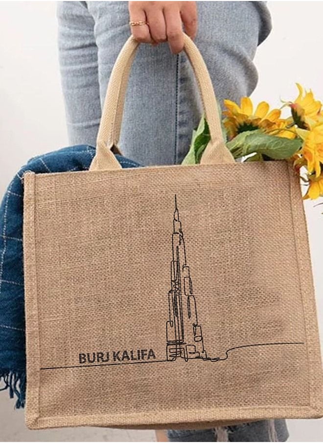 Generic - Burj Khalifa Line art Print Jute Shopping Bags Waterproof Coating With Soft Handle - 4 SETS - Image 1