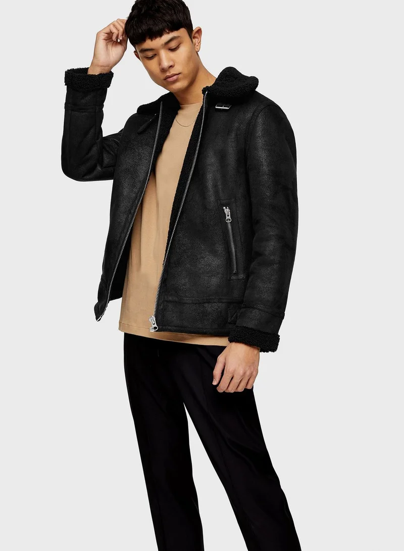 TOPMAN Faux Shearling Aviator Jacket