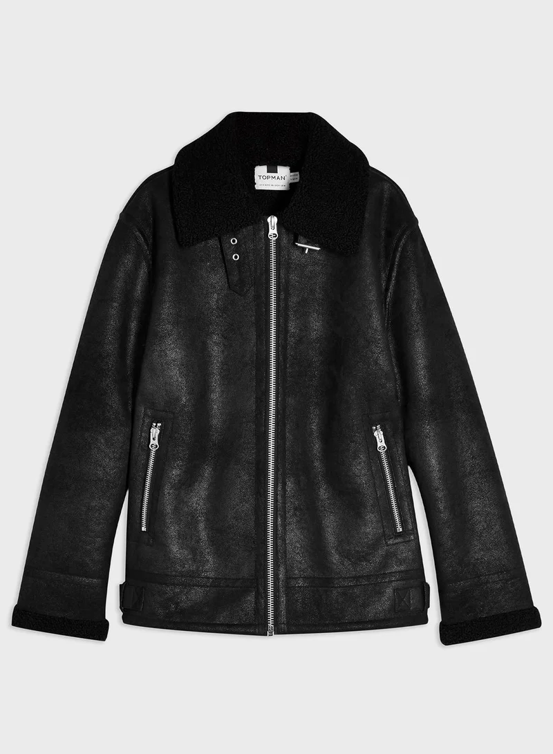 TOPMAN Faux Shearling Aviator Jacket