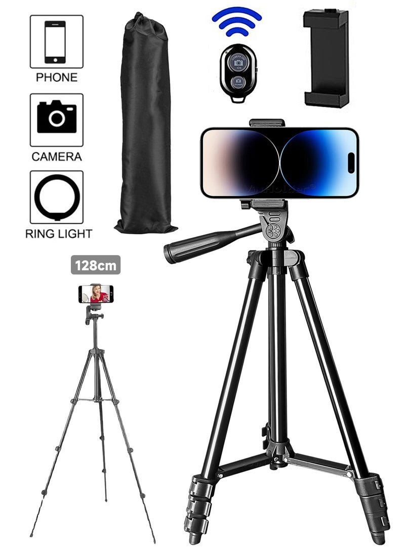 51 Inch Extendable Phone Tripod and Camera Stand with Bag, Lightweight Selfie Stick Tripod for iPhone Holder with Bluetooth Remote and Clip, Travel iPhone Tripod for Video Recording - Image 1