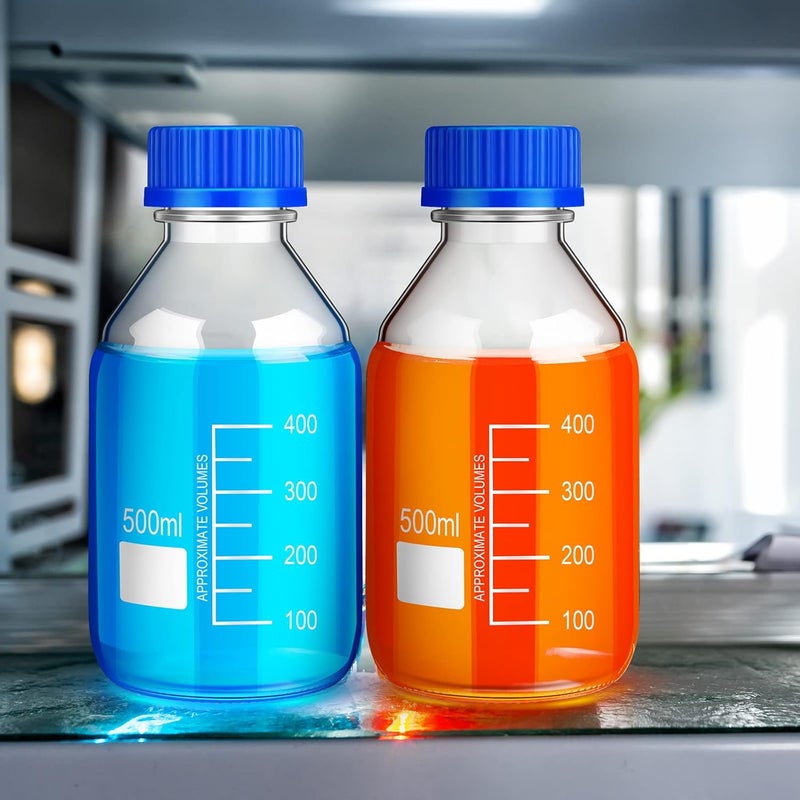 Irenare 8 Pieces Media Storage Bottles Borosilicate Storage Glass Scientific Round Graduated Media Bottle with Blue Gl45 Screw Cap for Lab Water Reagent Liquids(500 ml) - Image 5