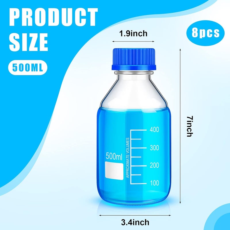 Irenare 8 Pieces Media Storage Bottles Borosilicate Storage Glass Scientific Round Graduated Media Bottle with Blue Gl45 Screw Cap for Lab Water Reagent Liquids(500 ml) - Image 2
