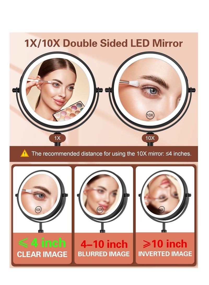Arabest Makeup Mirror with 3 Colors Dimmable Light, 1X/10X Magnification LED Makeup Mirror, Height Adjustable, 8 Inch Double Sided Rechargeable Makeup Mirror, 360° Rotation Cordless  - Image 2