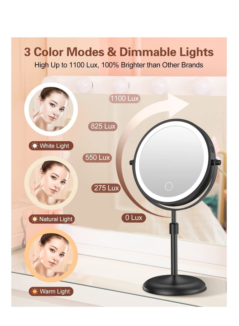 Arabest Makeup Mirror with 3 Colors Dimmable Light, 1X/10X Magnification LED Makeup Mirror, Height Adjustable, 8 Inch Double Sided Rechargeable Makeup Mirror, 360° Rotation Cordless  - Image 3