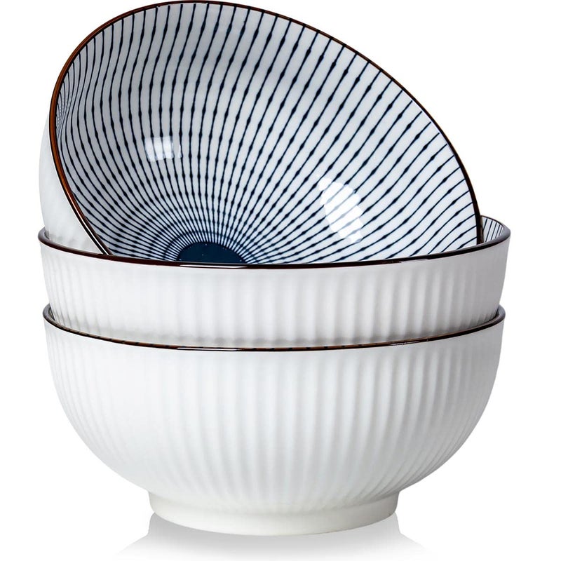 Houlu 60 oz Pho Bowls, Large Soup Bowl, Japanese Ramen Bowl Set, 8 inches Big Porcelain Bowls Set of 3, Striped Pattern - Image 1