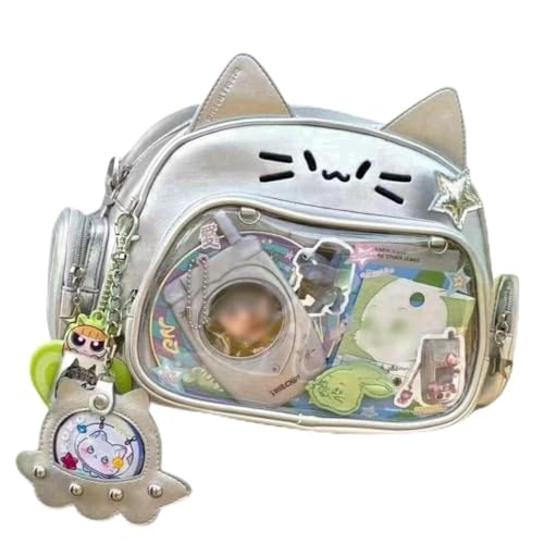 Vobomo Cat Ita Bag Pin Display Backpack for School PU Leather Preppy Backpack for Girls Y2k Aesthetic Single Shoulder Bag (Silver) - Image 1