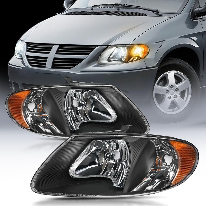 Nilight Nilight Headlight Assembly for 2001 2002 2003 2004 2005 2006 2007 Chrysler Town & Country 2001-2003 Voyager 2001-2007 Dodge Grand Caravan Replacement Black Housing Amber Reflector,2 Years Warranty  - Image 1