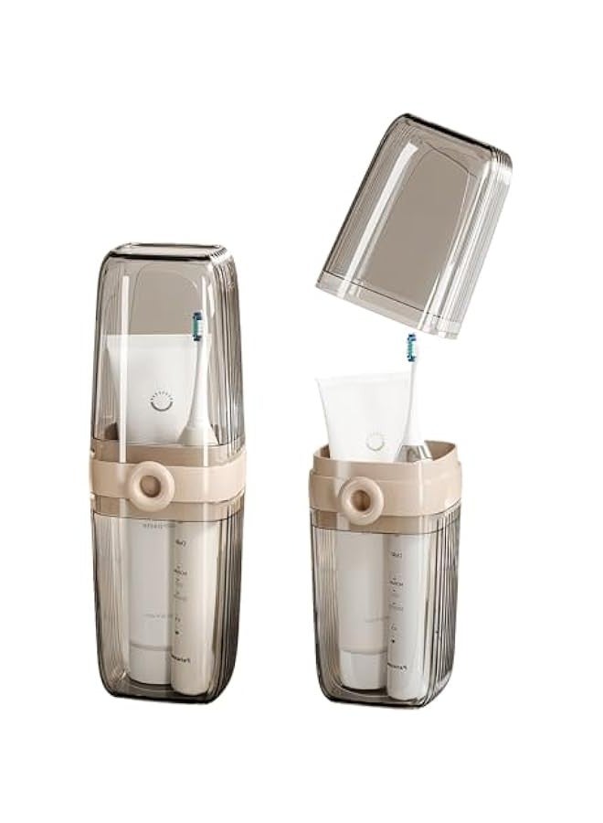 Beauenty Travel Toothbrush Case, 2 in 1 Dustproof Toothbrush Cover and Rinse Cup, Large Capacity Toothbrush Cup, Portable Storage Container for Business, Camping, School, Trip, Beige&Clear - Image 1