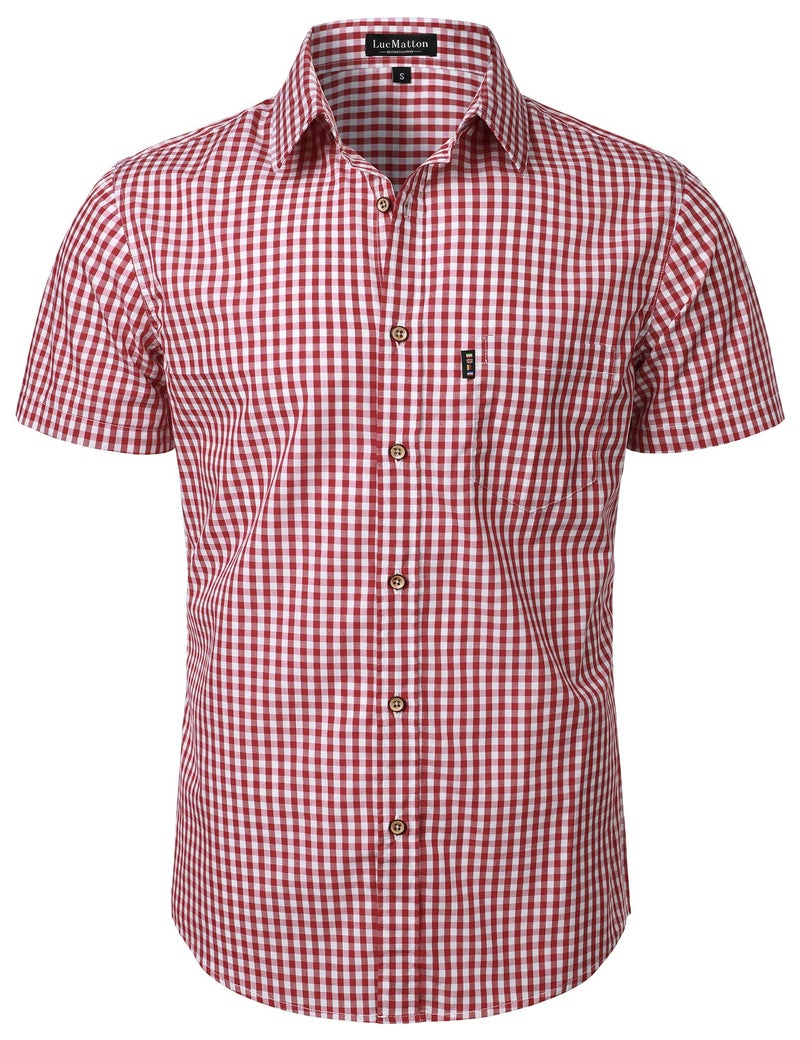 LucMatton Men's Gingham Short Sleeve Button Down Shirt Cotton Regular Fit Plaid Dress Shirts with Pocket Red Large - Image 1