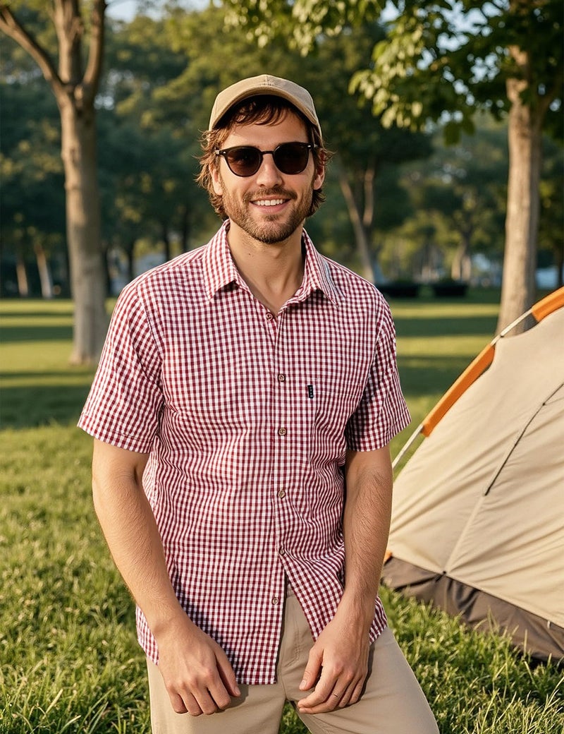 LucMatton Men's Gingham Short Sleeve Button Down Shirt Cotton Regular Fit Plaid Dress Shirts with Pocket Red Large - Image 2