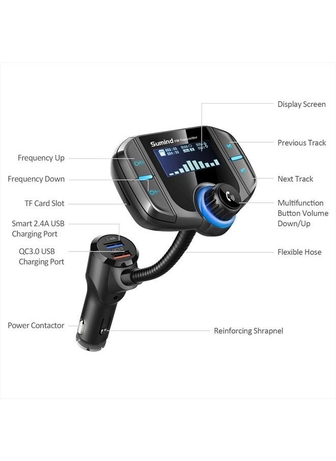 (Upgraded Version) Bluetooth FM Transmitter, Sumind Wireless Radio Adapter Hands-Free Car Kit with 1.7 Inch Display, QC3.0 and Smart 2.4A Dual USB Ports, AUX Input/Output, TF Card Mp3 Player