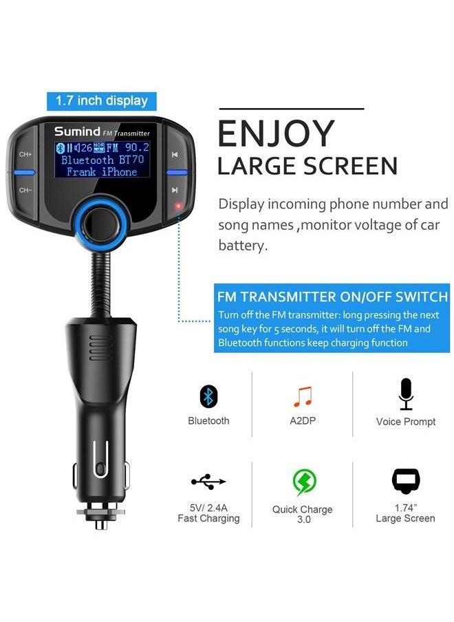 (Upgraded Version) Bluetooth FM Transmitter, Sumind Wireless Radio Adapter Hands-Free Car Kit with 1.7 Inch Display, QC3.0 and Smart 2.4A Dual USB Ports, AUX Input/Output, TF Card Mp3 Player