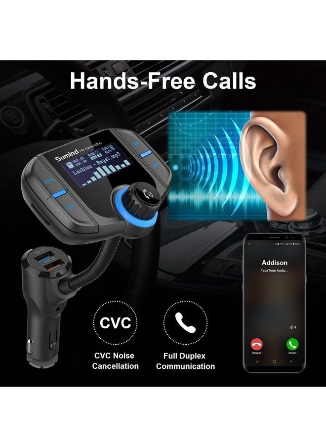 (Upgraded Version) Bluetooth FM Transmitter, Sumind Wireless Radio Adapter Hands-Free Car Kit with 1.7 Inch Display, QC3.0 and Smart 2.4A Dual USB Ports, AUX Input/Output, TF Card Mp3 Player
