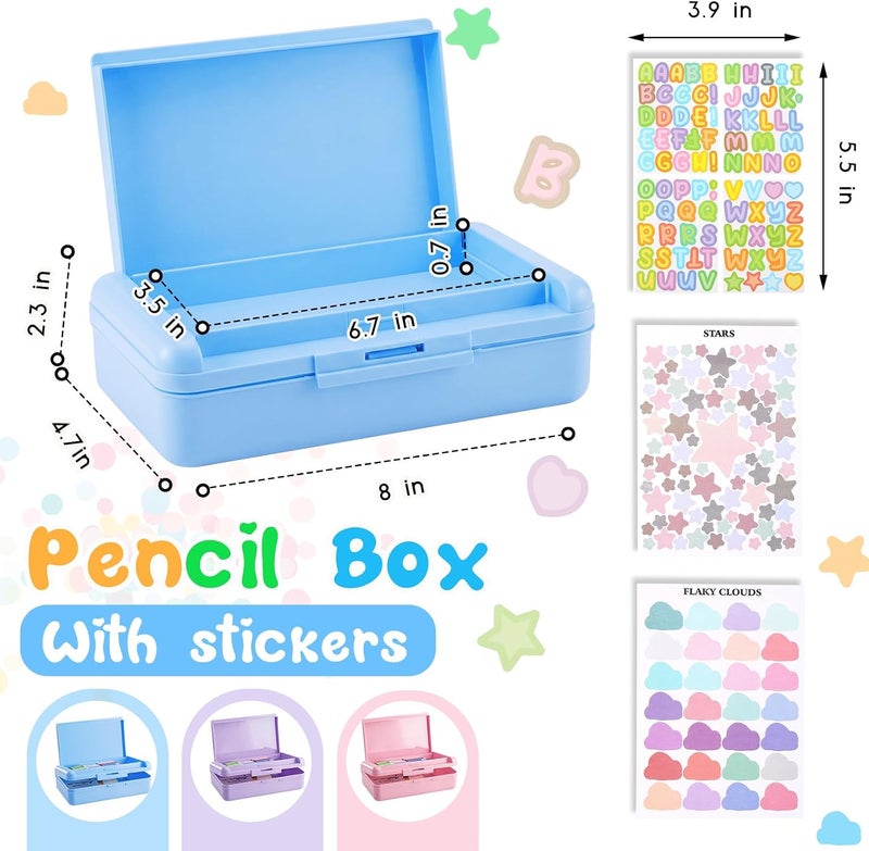 Fainne 1 Pc Blue Double Layer Pencil Box with 3 Sheet Stickers Large Capacity Plastic Pencil Case Supplies Hard Shell Crayon Box Organizer for Gel Pens Erasers Sew Art Craft Supplies - Image 2