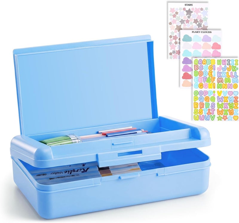 Fainne 1 Pc Blue Double Layer Pencil Box with 3 Sheet Stickers Large Capacity Plastic Pencil Case Supplies Hard Shell Crayon Box Organizer for Gel Pens Erasers Sew Art Craft Supplies - Image 1