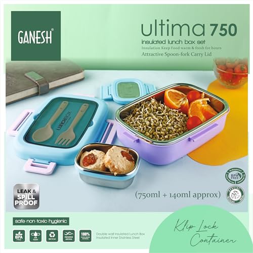 Ganesh Ultima Insulated Airtight Leak-Proof Lunch Box for Office, School, Picnic - Plastic -750ml - Purple - Image 2