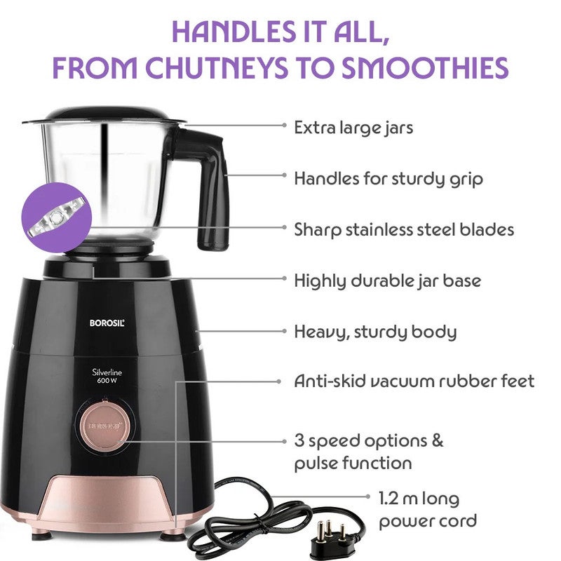 بوروسيل خلاط متعدد الاستخدامات ٣ في ١، ٦٠٠ واط، مطحنة وخلاط | محرك قوي، تحكم في السرعة مع نبضات | وعاء كبير غير قابل للكسر سعة ١.٥ لتر، وعاء مطحنة، وعاء مفرمة لحم | طحن رطب وجاف - Image 3