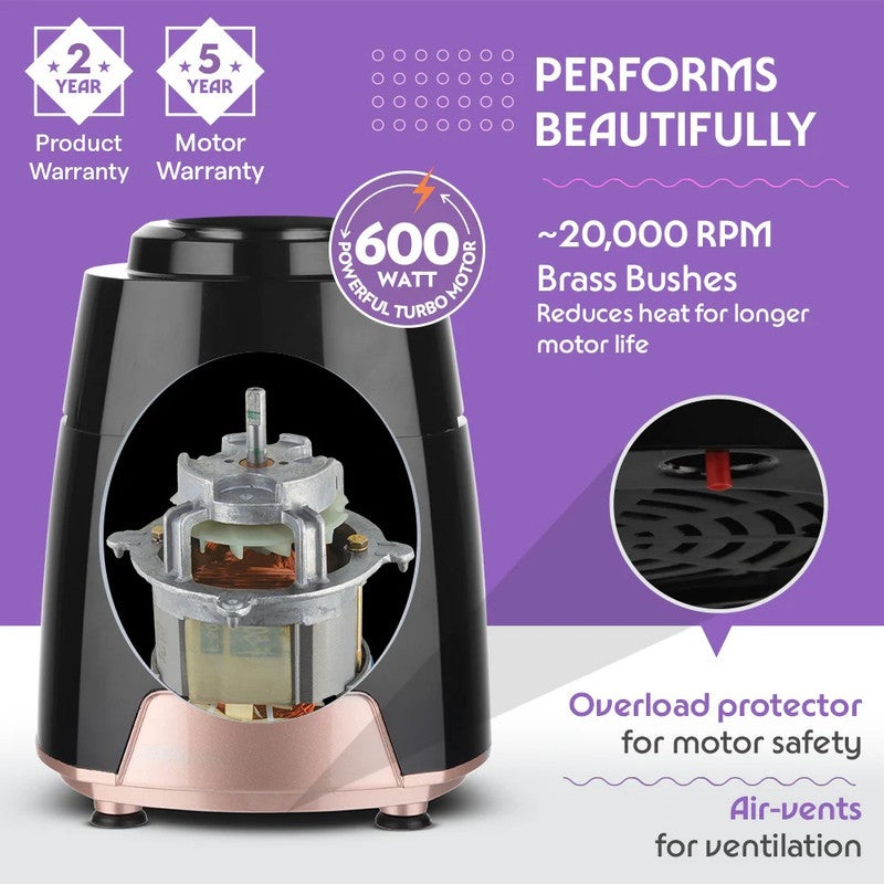 بوروسيل خلاط متعدد الاستخدامات ٣ في ١، ٦٠٠ واط، مطحنة وخلاط | محرك قوي، تحكم في السرعة مع نبضات | وعاء كبير غير قابل للكسر سعة ١.٥ لتر، وعاء مطحنة، وعاء مفرمة لحم | طحن رطب وجاف - Image 2