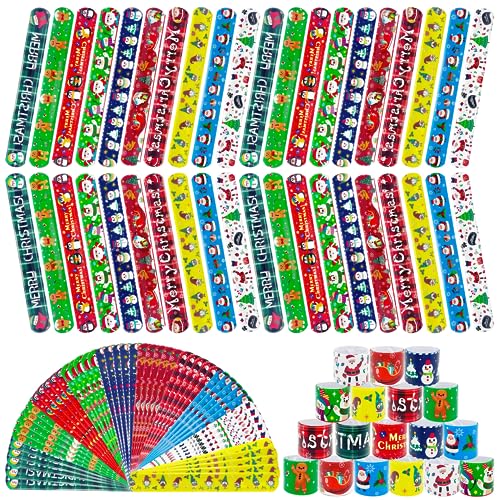 JUNEBRUSHS 56 Pack Christmas Slap Bracelets Xmas Slap Bands Wristband Party Favors Snap Bracelets Bulk for Christmas Gifts Toys Stocking Stuffers - Image 1