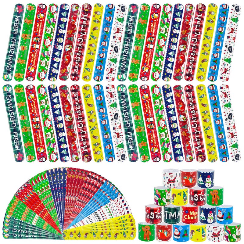 JUNEBRUSHS 56 Pack Christmas Slap Bracelets Xmas Slap Bands Wristband Party Favors Snap Bracelets Bulk for Christmas Gifts Toys Stocking Stuffers - Image 3