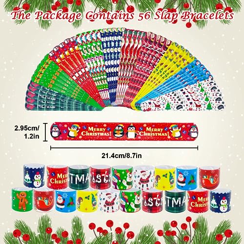 JUNEBRUSHS 56 Pack Christmas Slap Bracelets Xmas Slap Bands Wristband Party Favors Snap Bracelets Bulk for Christmas Gifts Toys Stocking Stuffers - Image 5