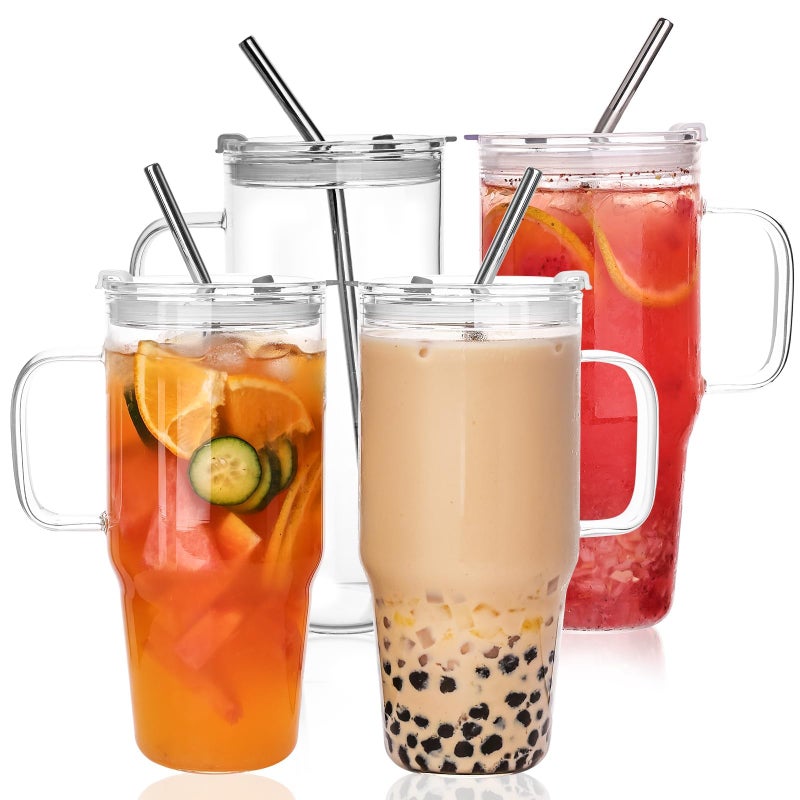 Wells 33oz Glass Tumbler with Lid and Straw, 4 Pack Glass Cup with Handle, Iced Coffee Cups, Thick Drinking Glasses Set, Clear Travel Mug for Hot and Cold Beverage, Drinks, Tea, Smoothie - Image 1