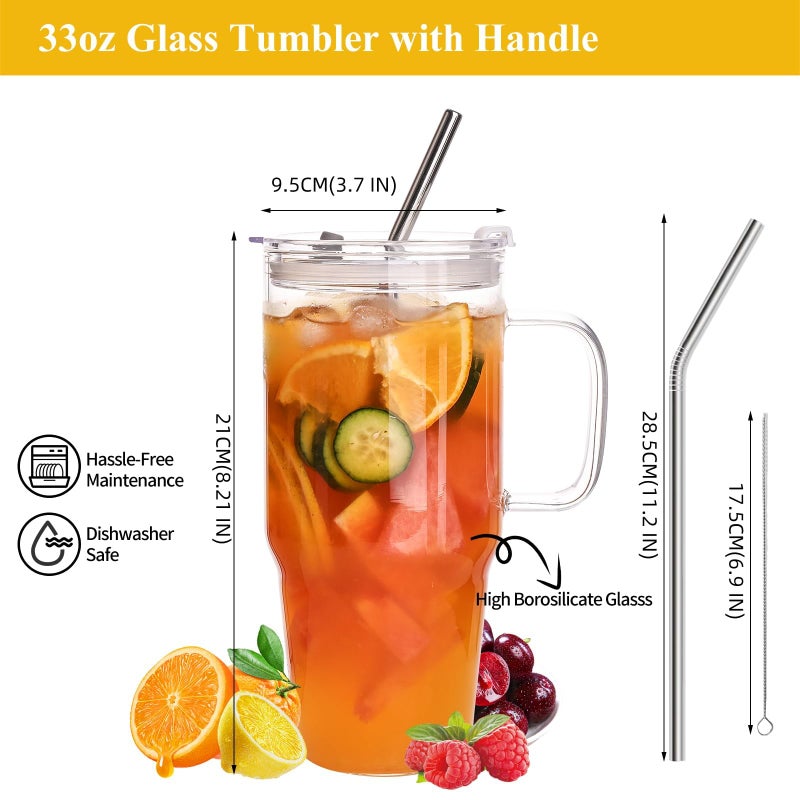 Wells 33oz Glass Tumbler with Lid and Straw, 4 Pack Glass Cup with Handle, Iced Coffee Cups, Thick Drinking Glasses Set, Clear Travel Mug for Hot and Cold Beverage, Drinks, Tea, Smoothie - Image 2