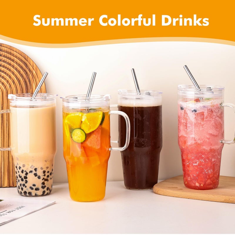 Wells 33oz Glass Tumbler with Lid and Straw, 4 Pack Glass Cup with Handle, Iced Coffee Cups, Thick Drinking Glasses Set, Clear Travel Mug for Hot and Cold Beverage, Drinks, Tea, Smoothie - Image 5