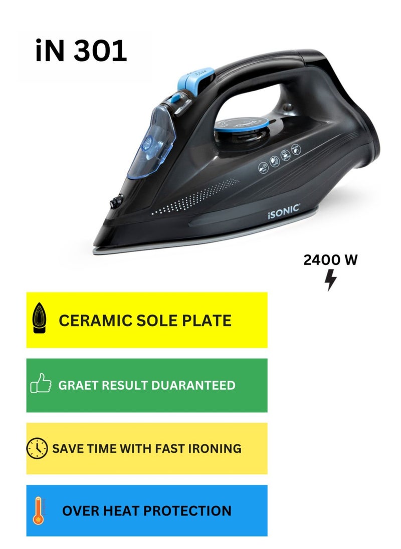 Steam Iron with Ceramic Soleplate, 380ml Water Tank, Powerful Steam Burst, Adjustable Thermostat, Shockproof Body,  Steam Vents for Even Heat Distribution, 380 ml 2400 W IN301 Black