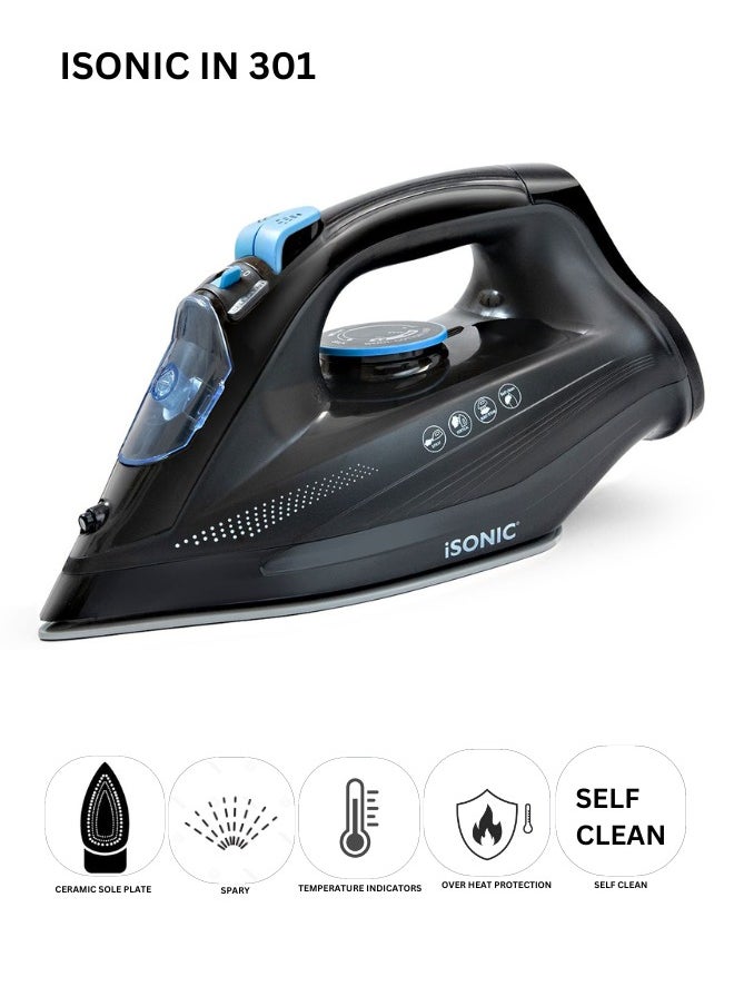 Steam Iron with Ceramic Soleplate, 380ml Water Tank, Powerful Steam Burst, Adjustable Thermostat, Shockproof Body,  Steam Vents for Even Heat Distribution, 380 ml 2400 W IN301 Black