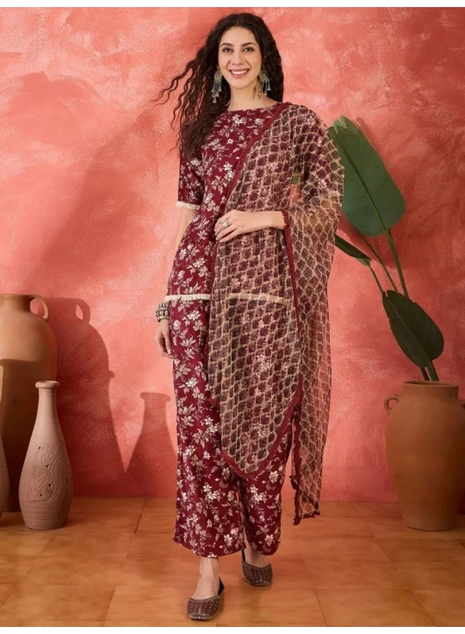 AKS Maroon Velvet Kurta Set With Printed Dupatta