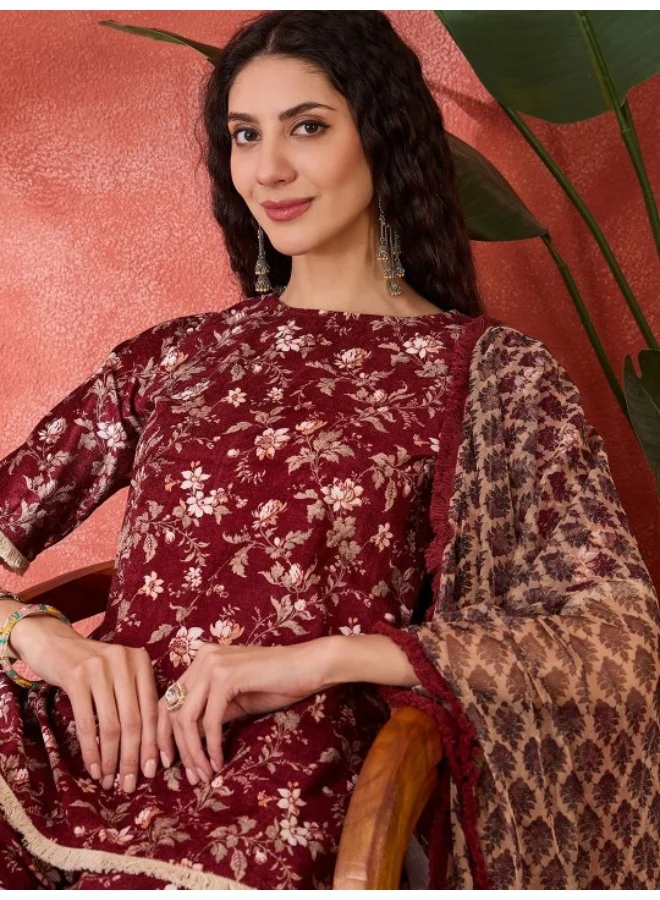 AKS Maroon Velvet Kurta Set With Printed Dupatta
