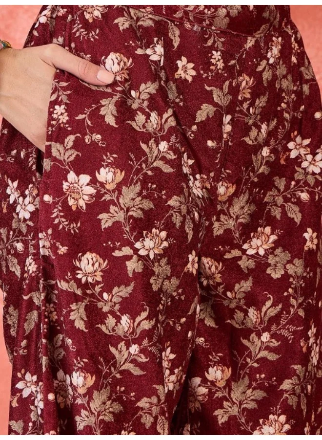 AKS Maroon Velvet Kurta Set With Printed Dupatta