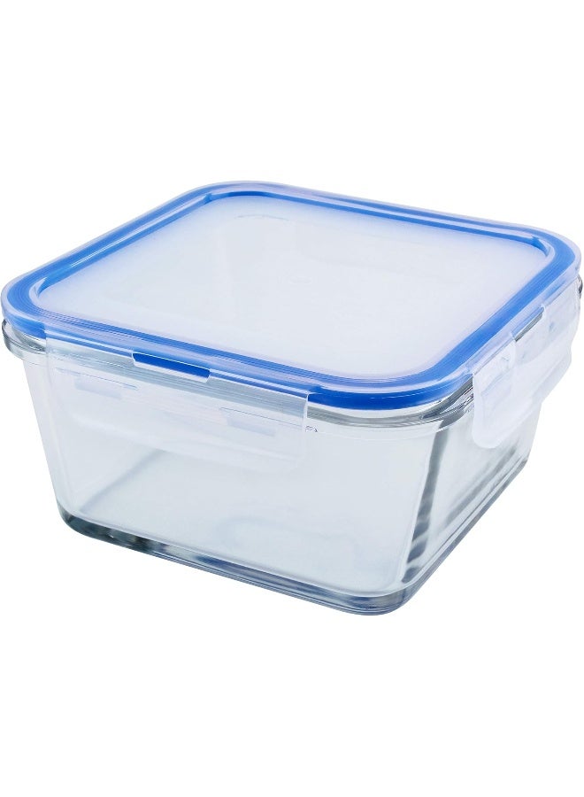 Mondex حاوية تخزين طعام زجاجية مربعة سعة 550 مل مع غطاء أزرق - Image 2