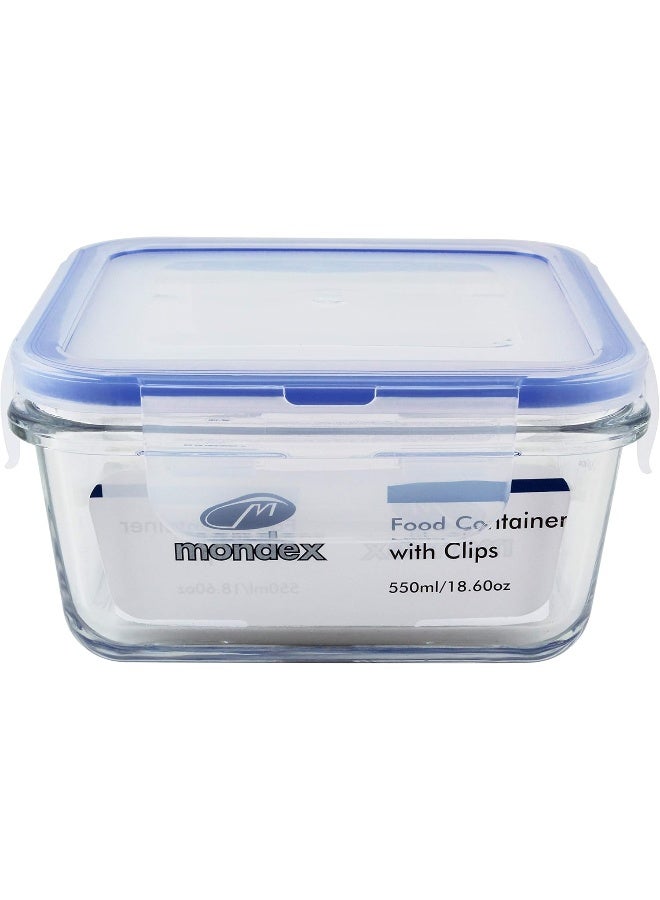 Mondex حاوية تخزين طعام زجاجية مربعة سعة 550 مل مع غطاء أزرق - Image 1