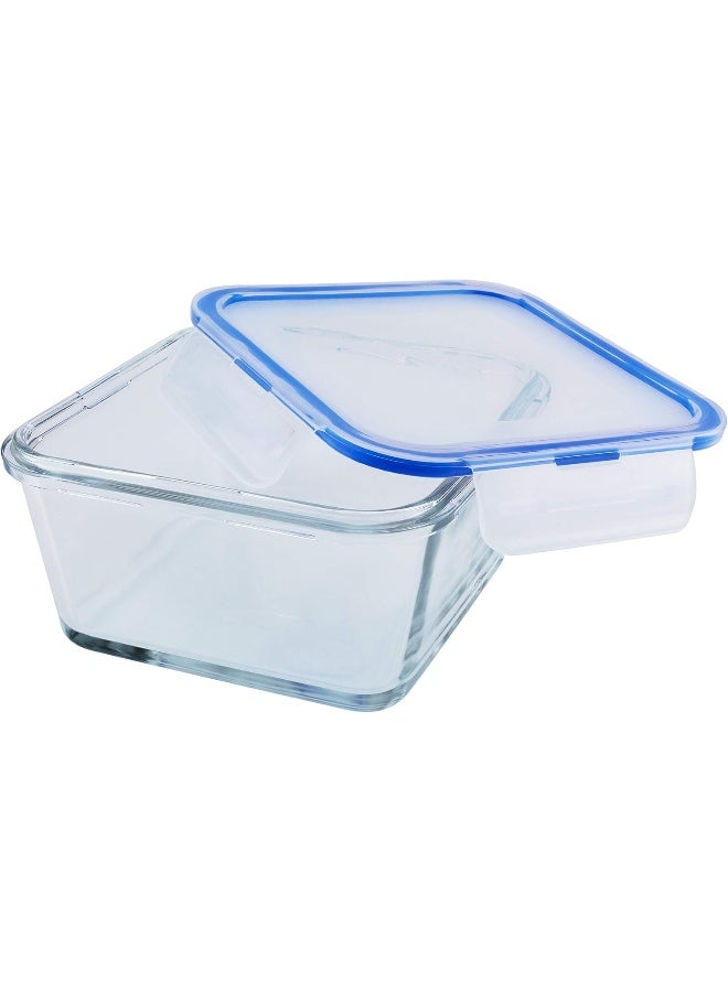 Mondex حاوية تخزين طعام زجاجية مربعة سعة 550 مل مع غطاء أزرق - Image 3