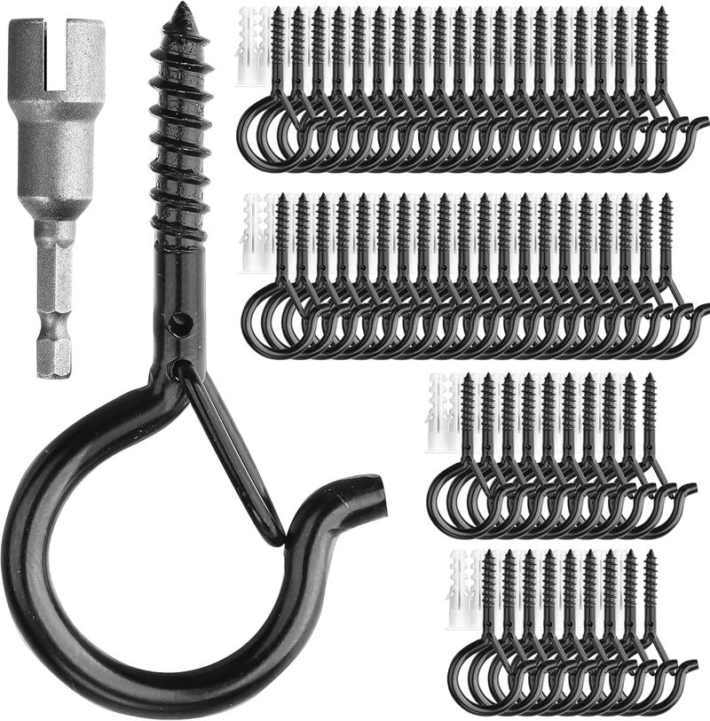 PlusRoc 60 Pack Christmas Light Hooks for Outdoor Seasonal Lighting Clips, Outdoor Eye Hook Q-Hanger Screw in Hooks for Hanging, 2.2 Inch Black Cup Hook, Patio Wall Wood Ceiling Deck Fence Mount - Image 1
