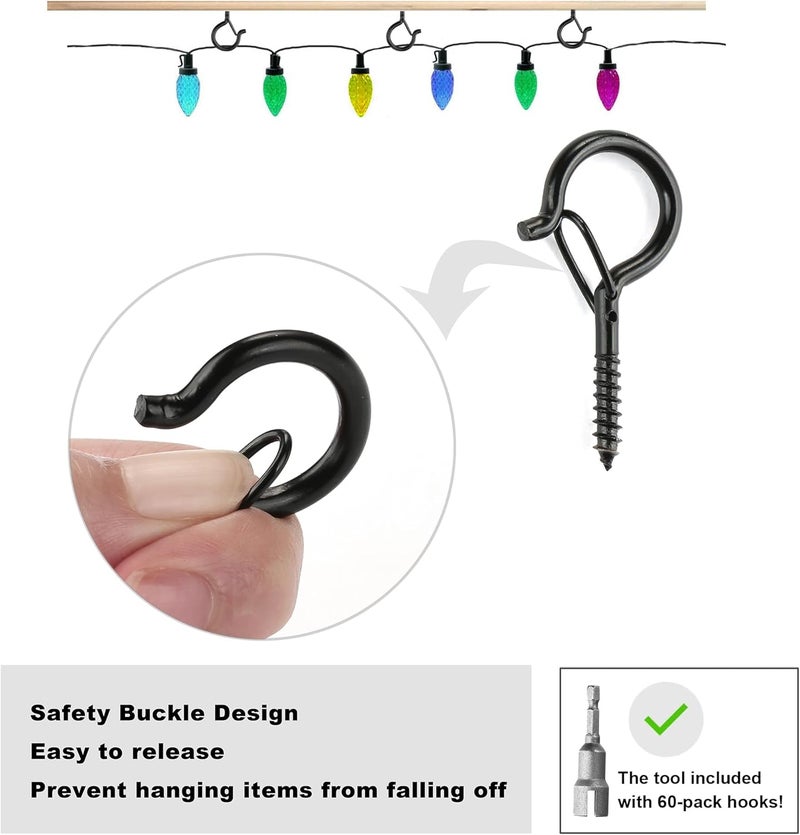 PlusRoc 60 Pack Christmas Light Hooks for Outdoor Seasonal Lighting Clips, Outdoor Eye Hook Q-Hanger Screw in Hooks for Hanging, 2.2 Inch Black Cup Hook, Patio Wall Wood Ceiling Deck Fence Mount - Image 4