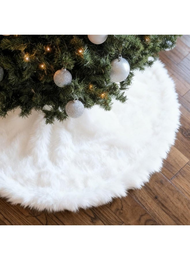 تنورة شجرة عيد الميلاد مادريجال 48 بوصة، زينة تنورة شجرة عيد الميلاد من الفرو الصناعي، تنورة بيضاء من القطيفة لحفلة عيد ميلاد سعيد، زينة شجرة عيد الميلاد - Image 1