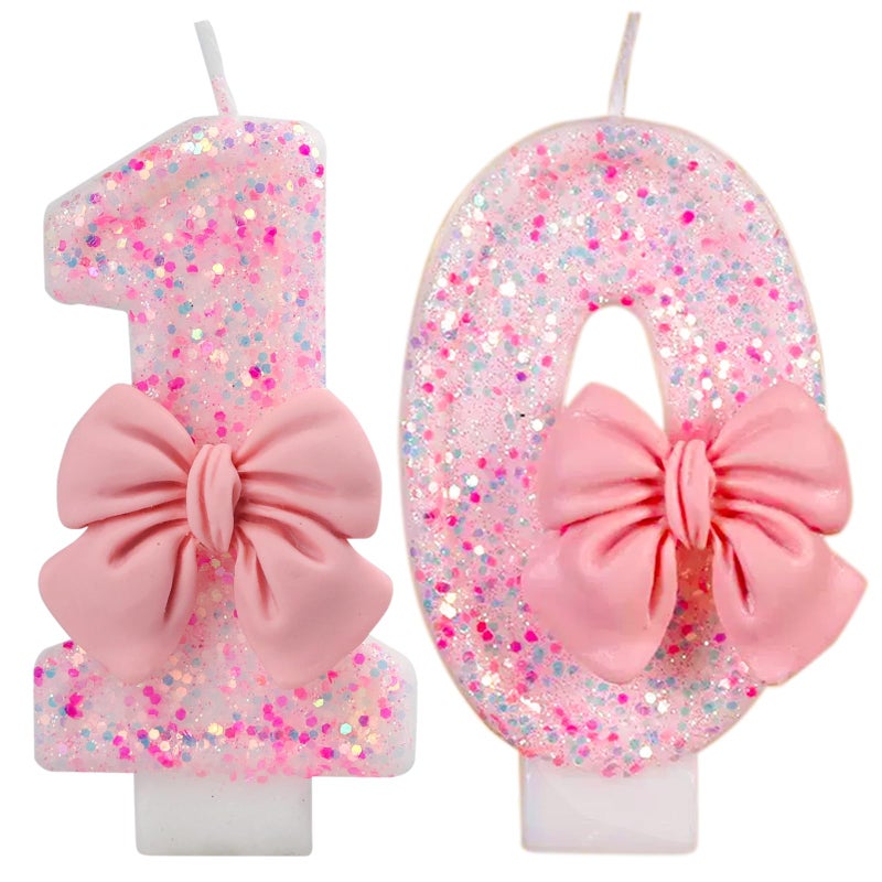 IQMLQV Pink 10 Candle,10 Bow Candles,10 Candles for Birthday Cakes,Pink Bow Birthday Candle 10 Decoration for Party Supplies - Image 1