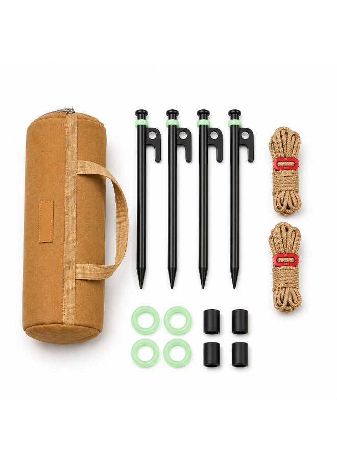 Compact Tent Peg Set, 4 x 30cm Carbon Steel Camping Stakes for Small Tents & Beach Trips with Wind Ropes, Glow Rings, Caps and Carry Bag - Image 1