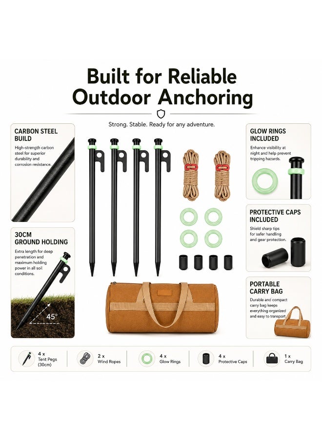 Compact Tent Peg Set, 4 x 30cm Carbon Steel Camping Stakes for Small Tents & Beach Trips with Wind Ropes, Glow Rings, Caps and Carry Bag - Image 5