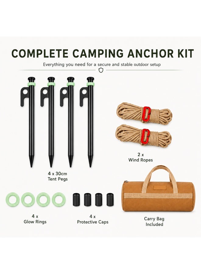Compact Tent Peg Set, 4 x 30cm Carbon Steel Camping Stakes for Small Tents & Beach Trips with Wind Ropes, Glow Rings, Caps and Carry Bag - Image 2