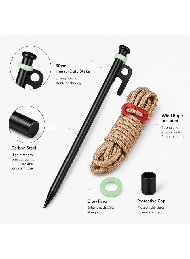 Compact Tent Peg Set, 4 x 30cm Carbon Steel Camping Stakes for Small Tents & Beach Trips with Wind Ropes, Glow Rings, Caps and Carry Bag - Image 3