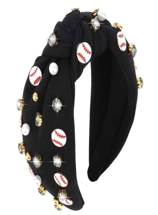 YARIEW Wide Knotted Jeweled Baseball Headband for Women Girls - Top Knot Sports Accessories for Game Day, Fan Mom, Halloween Gifts (Black) - Image 1